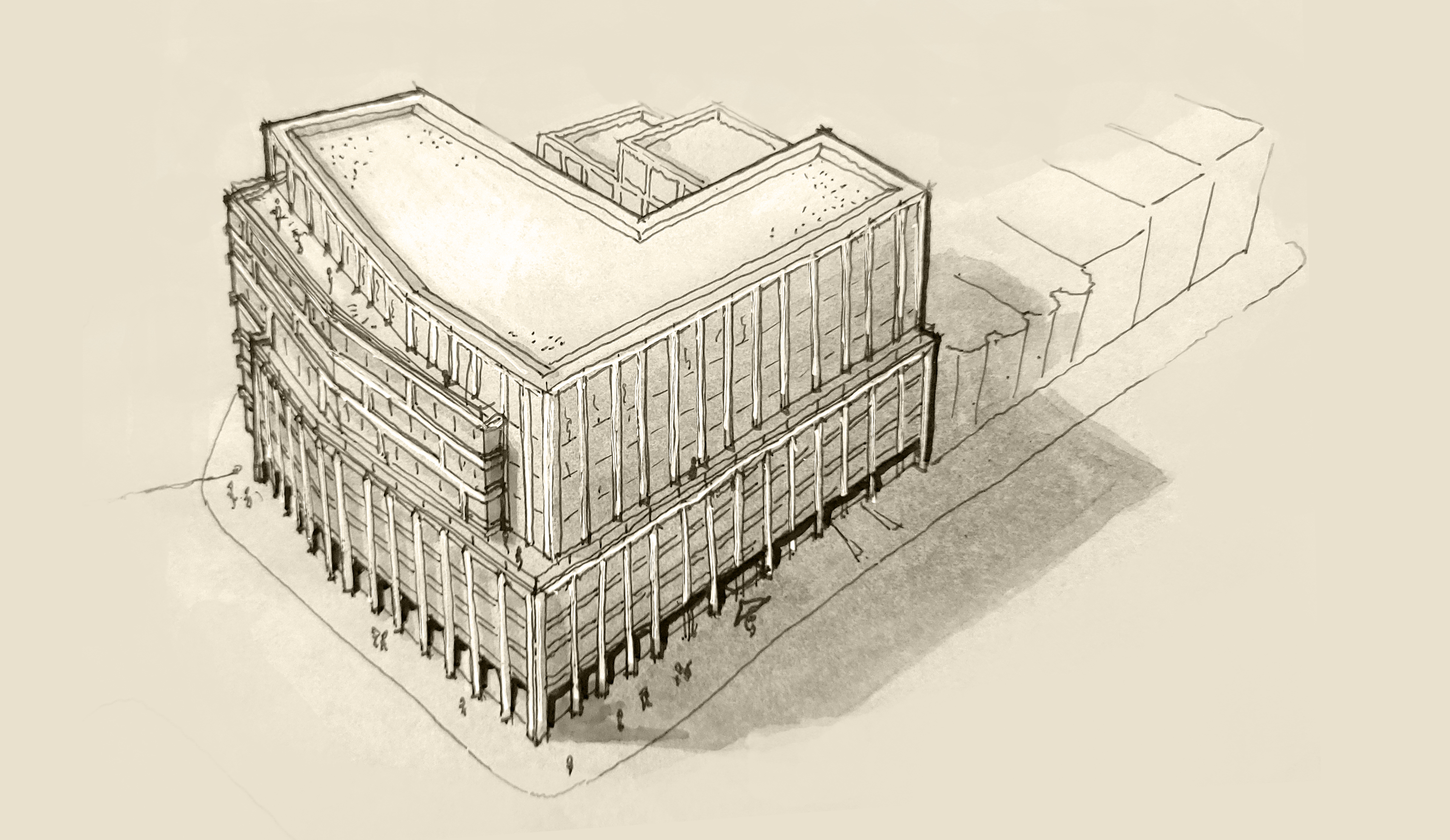 A sketch by Matt Pauly of a urban residential building