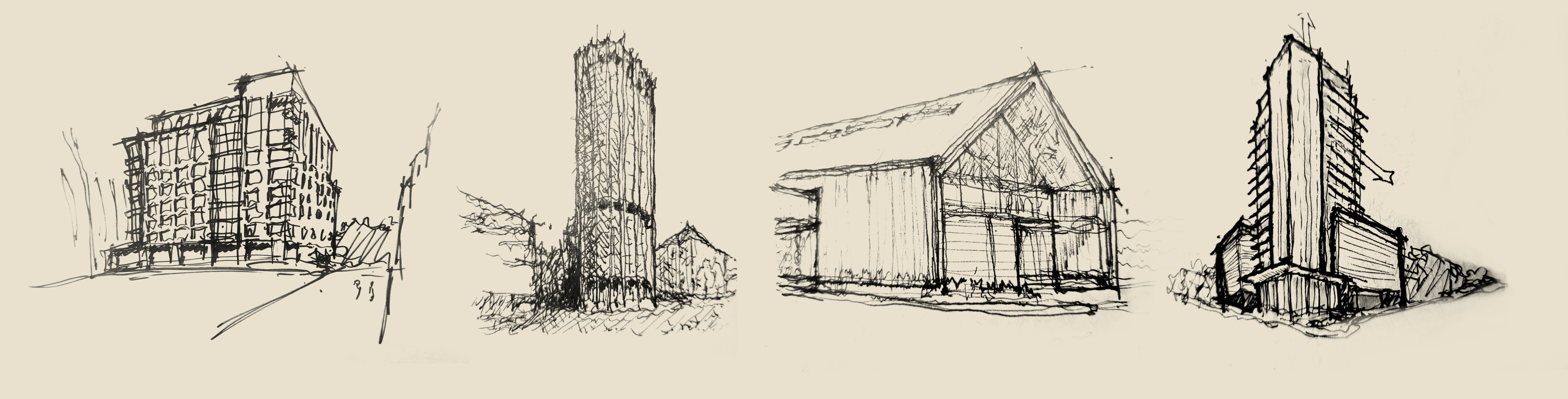 Four conceptual pen sketches by Matt Pauly of various buildings.